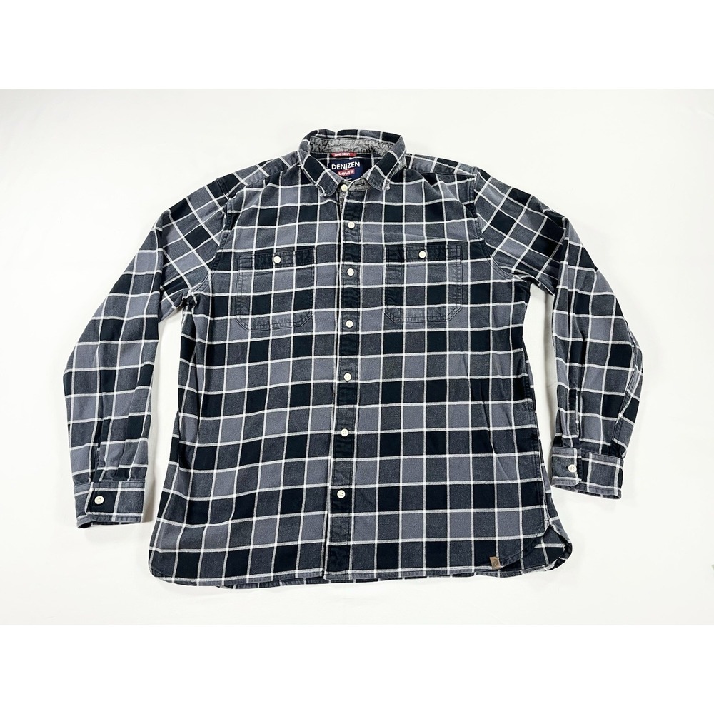 Levis Denizen Men XL Plaid Flannel Shirt Blue Gray Pockets‎ Workwear Button Up